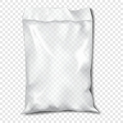 Blank empty clear plastic pillow bag. Realistic 3d mock-up. Transparent polythene pouch package. Vector mockup. Glossy cellophane sachet packet packaging. Template for design