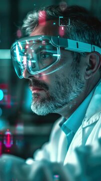 A man wearing protective eyewear is focused on analyzing data. He's dressed in a white lab coat and is surrounded by high-tech equipment, including holographic