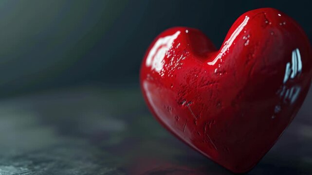 Heart-shaped red object with dripping blood effect against dark background. Symbolic and dramatic for themes of passion, love or loss.