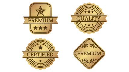 Golden premium quality certified labels with star ratings on white background