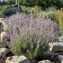 Fototapeta premium Close-up of a sprig of flowering lavender. The flower is swaying in the wind. A purple flower in a flower bed or in a field. Production of essential oil.