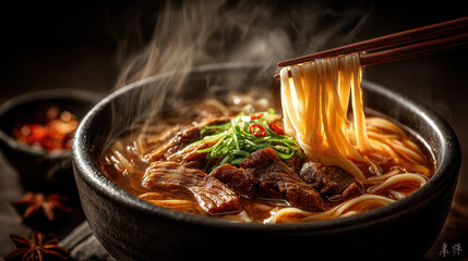 Steaming beef noodle soup bowl tender rib rich broth chopsticks lifting noodles green onion garnish warm comfort savory aroma rustic ceramic moody light closeup delight