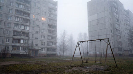 An empty playground swing in a foggy courtyard between Soviet-era panel blocks. A moody, dystopian, and melancholic urban landscape.