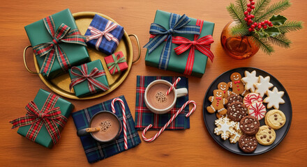 Festive Holiday Gift Presentation on Wooden Table with Presents, Hot Chocolate, and Christmas Cookies