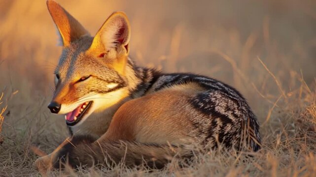 Golden jackal resting in dry grass at sunset, sharp focused wildlife portrait showing alert predator in natural habitat, warm light, cinematic nature footage, calm yet powerful scene