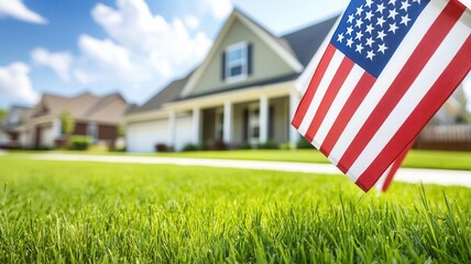 American flag standing on green grass lawn in front of family home, symbolizing estate real patriotism