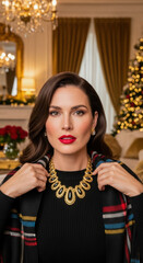 Elegant woman with red lips and gold jewelry posing in a festive, decorated living room during Christmas season.