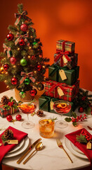 Festive Christmas Celebration: Decorated miniature tree, stacked presents, and elegant drinks on a table setting offering warmth and joy.