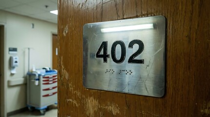 A poignant visual narrative of a hospital room, highlighting the number 402 with its distinct sign. The image showcases the subtle textures and details, portraying a sense of quietude and attention.