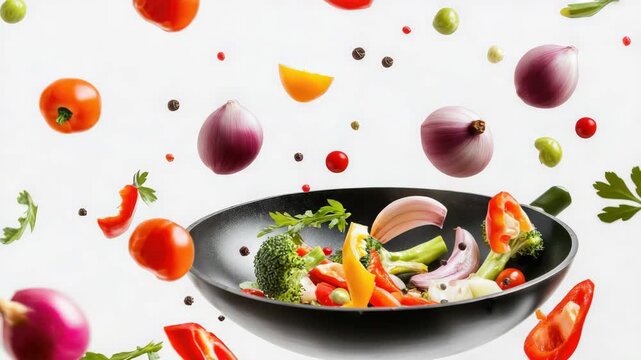 The showcases a vibrant stir-fry dish in progress, featuring a variety of colorful vegetables that add to the appeal of the meal. The vegetables are being cooked in a large skillet