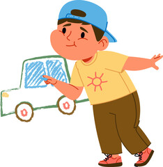 Boy Drawing Car Chalk Cartoon