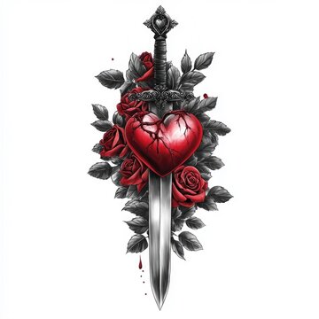Dramatic of a dagger piercing a bleeding heart with vintage gothic rose tattoo artwork in deep black and crimson colors  symbolizing passion  pain  and intense emotions