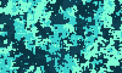 Abstract pixelated camouflage pattern in teal and dark blue.  Ideal for backgrounds, textiles, or digital designs.