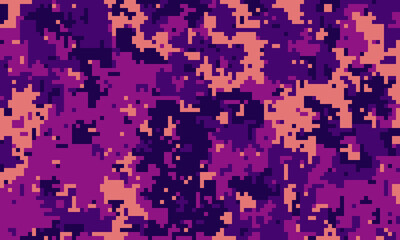 Abstract pixelated camouflage pattern in vibrant purple and coral tones.  Ideal for fashion, gaming, tech, or militaryinspired designs.  Modern, bold, and versatile digital texture.
