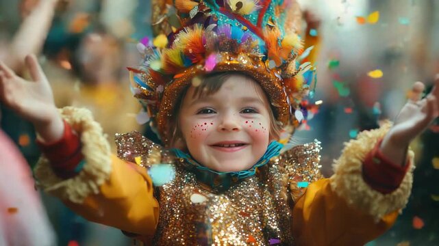A joyful child in a vibrant mini carnival costume happily tosses confetti into the air, embracing the festive spirit of Cologne's grand celebration during the famous carnival.
