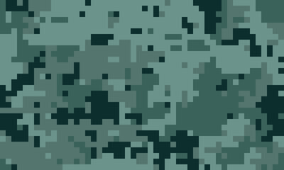 Abstract pixelated camouflage pattern in muted greens and dark teal.  Perfect for backgrounds, textiles, or digital design projects needing a modern, textured look.