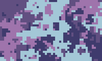 Abstract pixel art camouflage pattern in muted purples and blues.  Ideal for backgrounds, textiles, or digital designs.  Evokes a sense of mystery and digital texture.