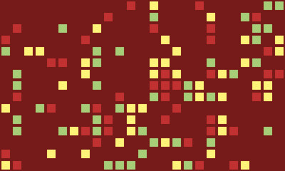 Abstract pixel art background.  Red, yellow, and green squares scattered on a maroon backdrop create a vibrant, playful, and modern design.
