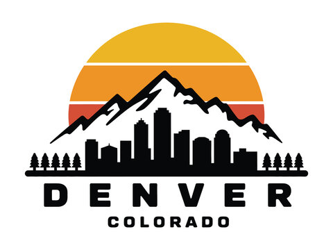 denver colorado skyline with rocky mountains and ski slopes vector illustration, featuring city buildings, mountain scenery, and winter sports landscapes, ideal for tourism graphics, travel posters, 