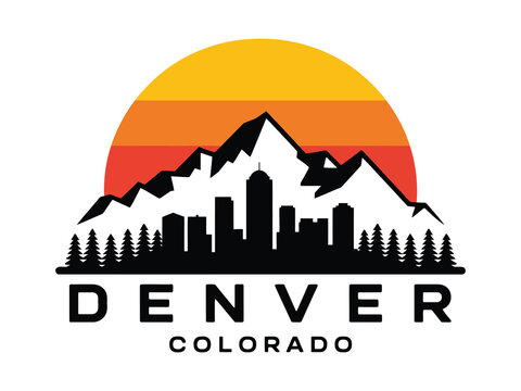 denver colorado skyline with rocky mountains and ski slopes vector illustration showing urban architecture against snowy mountains, suitable for travel marketing, winter resort promotions, and modern 
