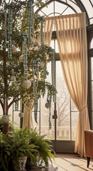 Festive decorated tree with ornaments and ribbons in a sunlit conservatory with sheer curtains and greenery.