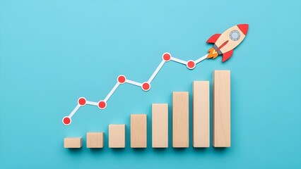 A 3D illustration of a rocket ship soaring upwards on a line graph with rising beige bars and red data points on a solid turquoise background.