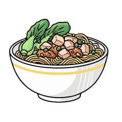 Illustration of Mie Ayam Indonesia, noodles with chicken topping and green vegetables, clean cartoon style, isolated on white background