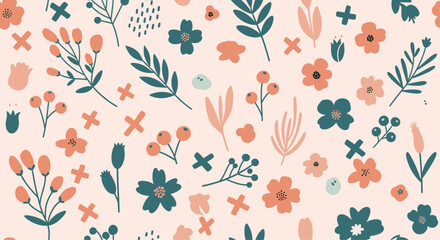 Obraz premium A beautiful seamless floral pattern with hand-drawn flowers, berries, and leaves in a charming pink and teal color scheme.