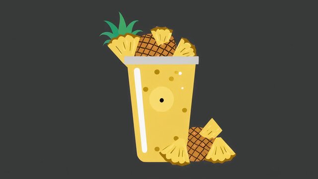 Vector pineapple smoothie cup with masked transitions and animated fruit chunks. Bright 2D motion graphics for health and beverage ads.