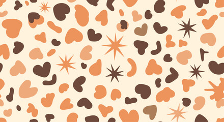 Fototapeta premium A playful seamless pattern with hand-drawn abstract shapes, hearts, and stars in a warm and cozy brown and orange palette.