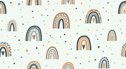 A cute seamless pattern of hand-drawn boho rainbows and dots in a warm, earthy color palette on a light background.