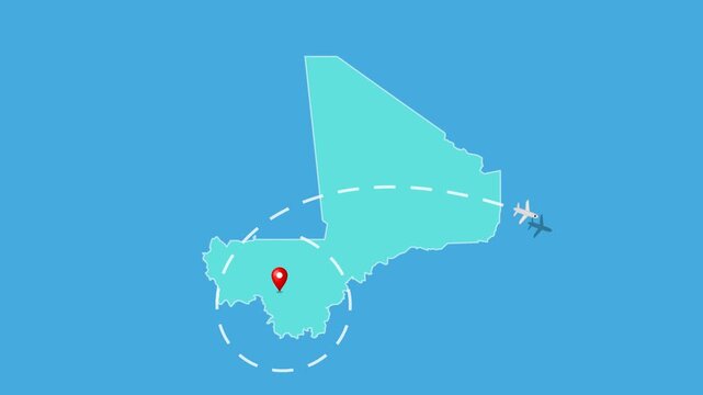 Mali,  Bamako Map with Location Pin and Airplane Travel Route Animation
