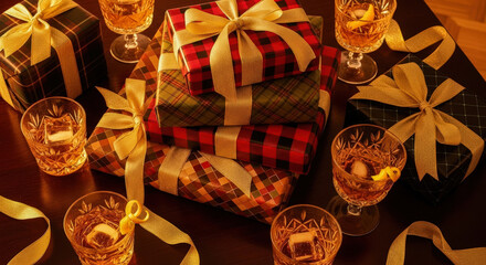 Festive gift boxes with whiskey glasses arranged on a wooden table, creating a luxurious holiday celebration concept.