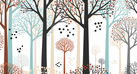 Whimsical seamless pattern of a stylized winter forest with tall bare trees in muted tones and delicate falling snow dots.