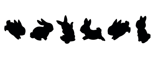 Set of rabbit silhouettes. Easter bunnies. Isolated on a white background. Simple black icons of hares. Cute animals for logo, emblem, pictogram, print, design element, greeting card.
Spring collectio