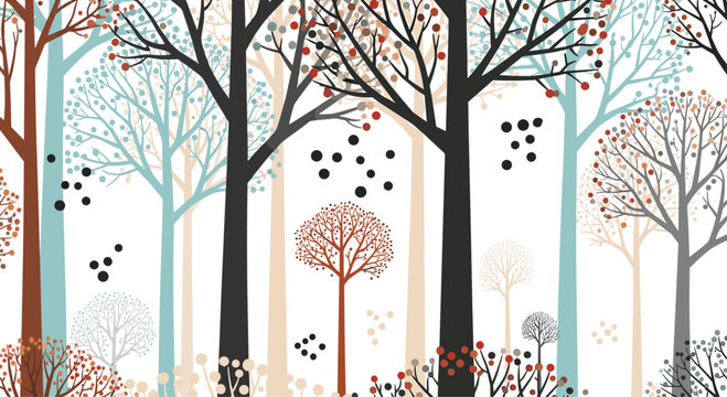 Whimsical seamless pattern of a stylized winter forest with tall bare trees in muted tones and delicate falling snow dots.