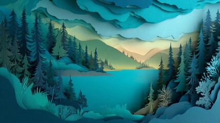Layered paper art depicts a serene lake scene. Trees frame a body of water with distant mountains, all in cool tones