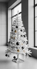 Elegant white Christmas tree with gold and black ornaments standing near a large window in a modern black and white interior.