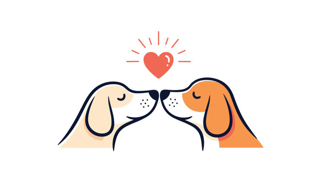 Adorable minimalist illustration shows two cute dogs touching noses underneath a glowing red heart, symbolizing love and friendship.