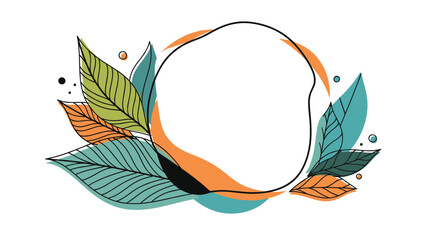 A stylish and modern abstract frame design with colorful leaves and shapes surrounding a central blank circular copy space.