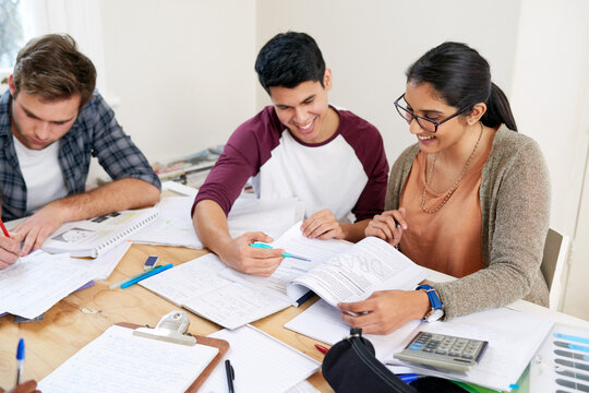 Group, students and reading book in college library for learning, knowledge or brainstorming test. University, friends and happy people studying for math education, help and exam preparation in class