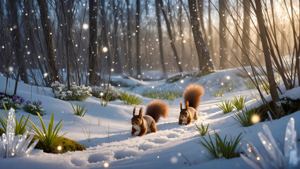 Winter forest scene with two red squirrels moving leisurely through the fresh snow.