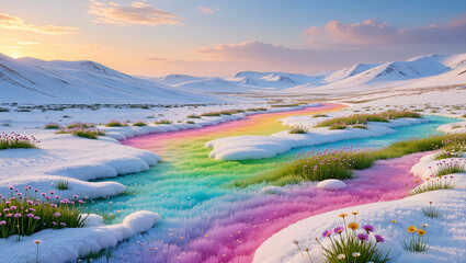 snowy landscape where subtle waves of color move through the white terrain