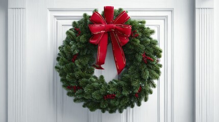 A festive, circular evergreen wreath adorned with a vibrant red bow is displayed on a crisp white door