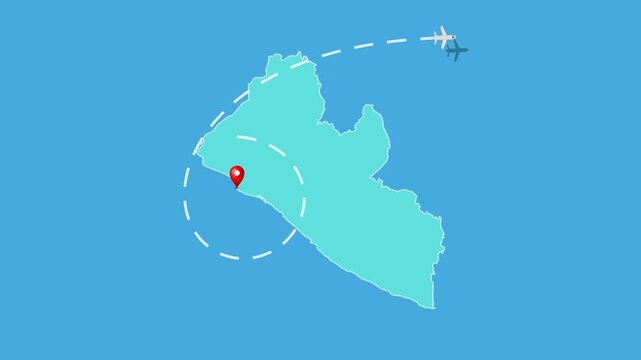 Liberia,  Monrovia Map with Location Pin and Airplane Travel Route Animation