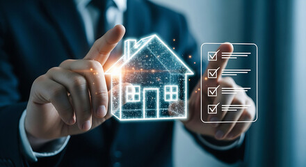 Person in suit touching holographic house with digital checklist on screen hand