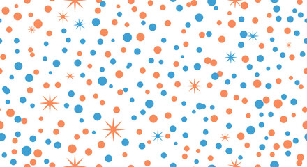Festive seamless confetti pattern with scattered blue and orange dots and stars, perfect for celebration backgrounds and party decor.