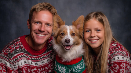 Joyful Family Portrait with a Dog in Festive Holiday Sweaters