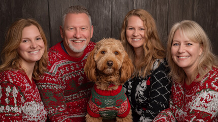 Smiling Family and Dog in Festive Ugly Christmas Sweaters