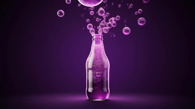 Fizzy grape soda bottle with soft vibration and stylized bubbles erupting. Dynamic 3D motion graphics for beverage advertisements.